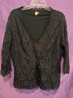 Seven7 Black Floral Lace Wrap Blouse